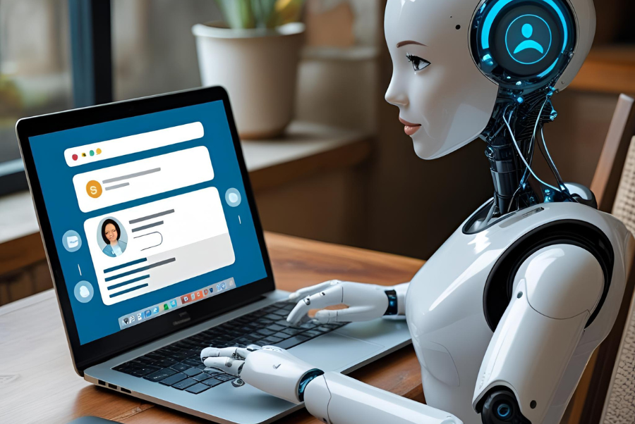 AI robot using laptop to manage customer support dashboard, illustrating intelligent agent handling order tracking and communication tasks for businesses in Lorton VA.