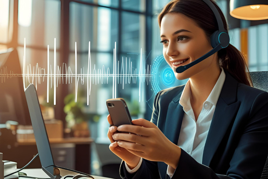 Businesswoman using AI-powered voice assistant on phone with headset, representing voice AI agent technology for customer service automation in Lorton VA.