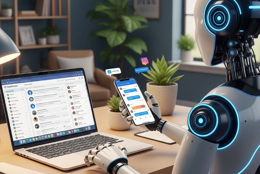AI automation robot managing social media chats and business communication on laptop and smartphone in a modern office – symbolizing AI Automation in Lorton VA for small business productivity and cost savings.