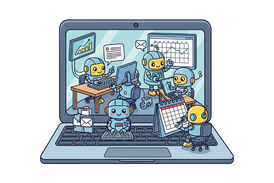 Cartoon image showing how AI agents work behind the scenes