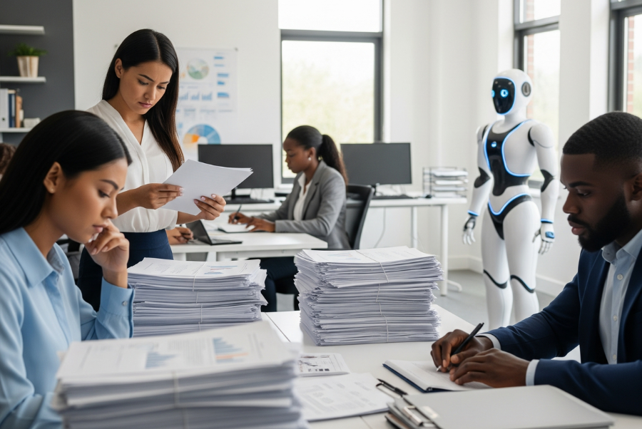 AI automation robot observing office workers buried in paperwork – representing how AI Automation reduces manual tasks and boosts efficiency in Lorton VA workplaces.