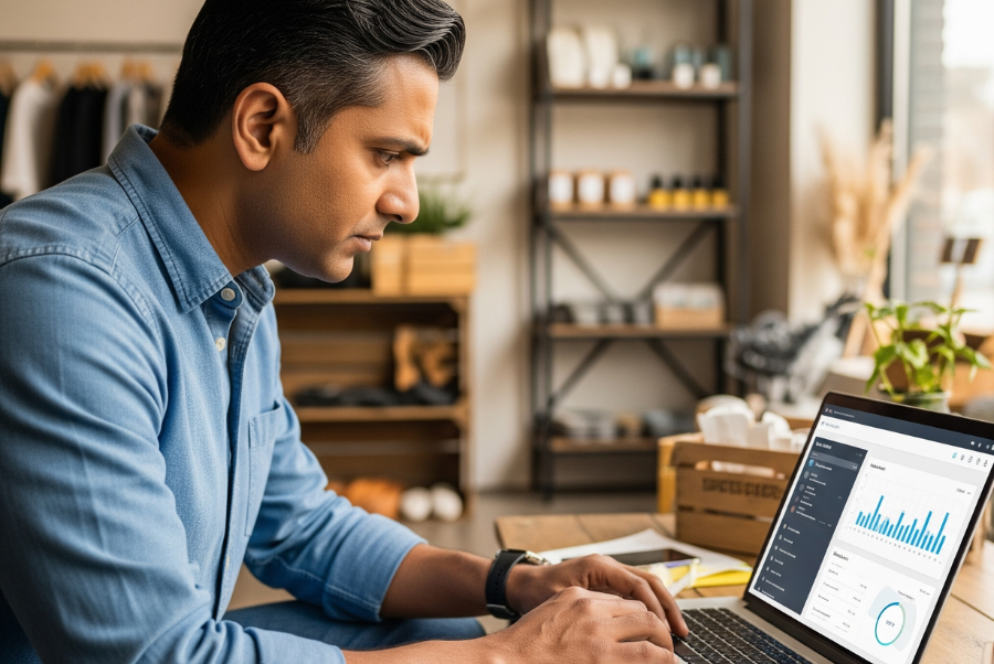 Local business owner in Lorton VA reviewing chatbot AI Analytics on screen