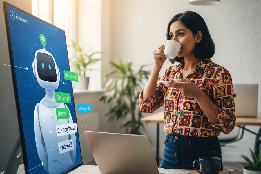 A happy business owner looking at the Chatbot AI Technology in Lorton VA in action