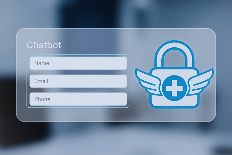 Illustration showing chatbot collecting only necessary customer data with security padlock