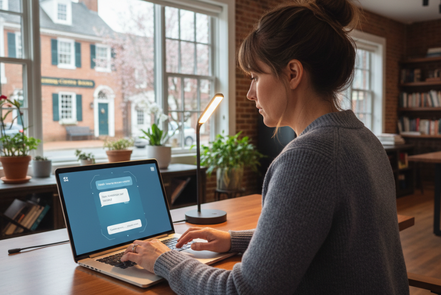 Local Lorton VA business owner using secure AI chatbot system on laptop