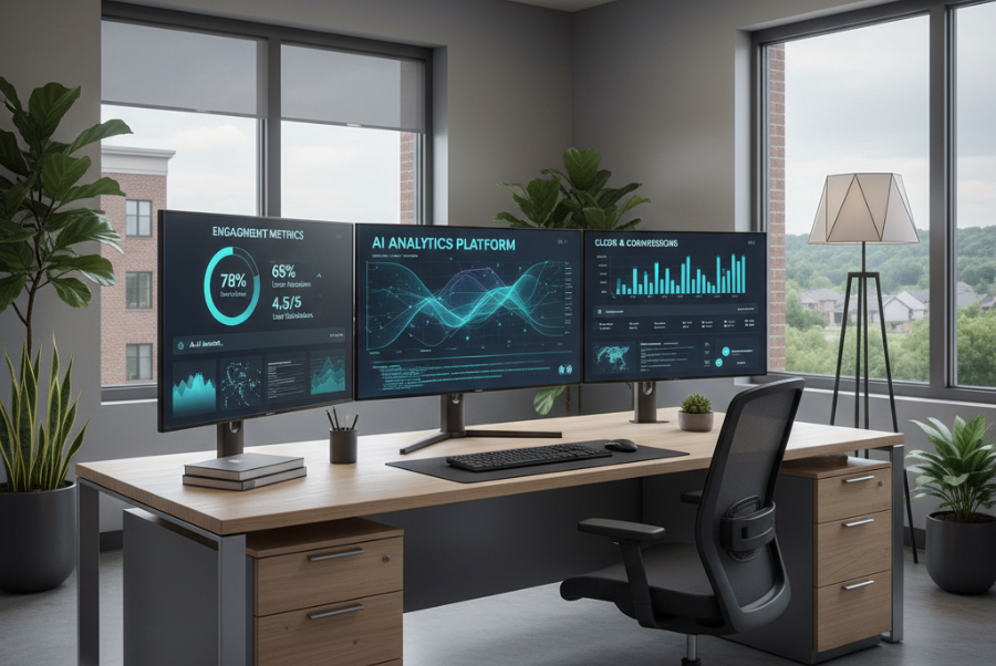 Content performance analytics dashboard showing clicks, engagement, and conversions for Lorton VA businesses