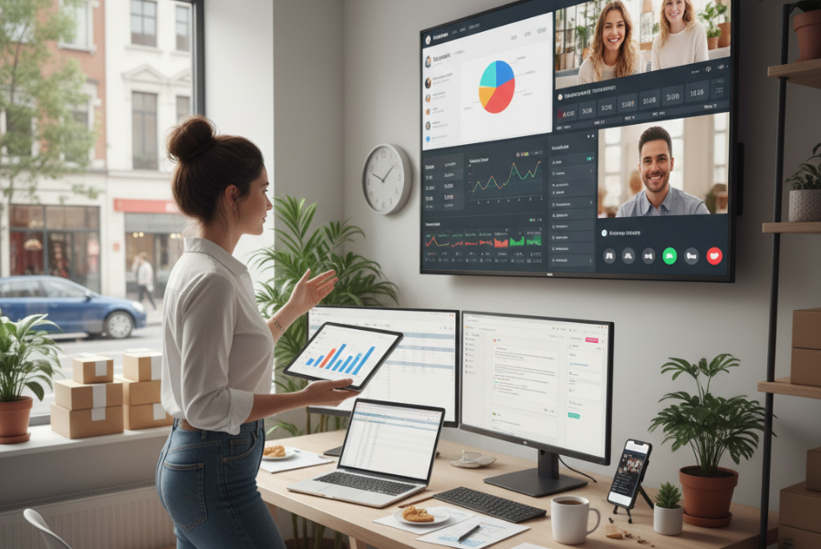 Local business owner in Lorton VA reviewing analytics and social media performance